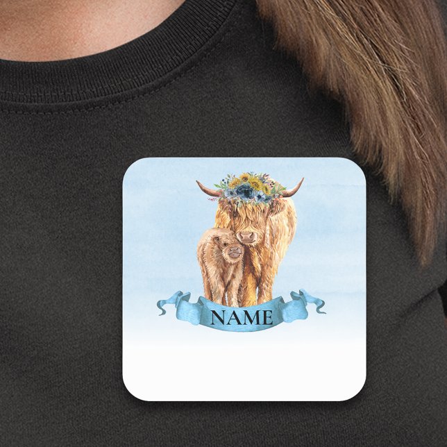 Blue Highland Cow Calf Baby Shower  Name Tag (Creator Uploaded)