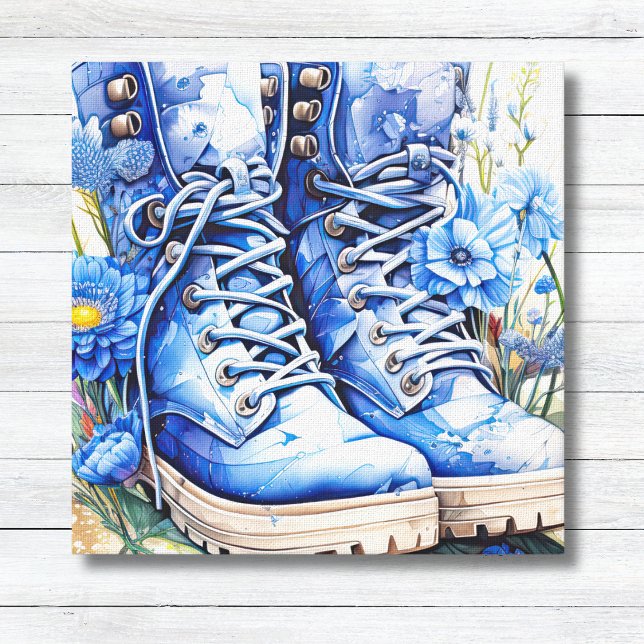 Blue Hiking Boots with Wildflowers Canvas Print (Blue Hiking Boots & Blue Wildflowers Watercolor Canvas Wall Art - Gardening Decor)