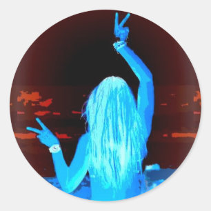 blue hippie girl peace sign classic round sticker