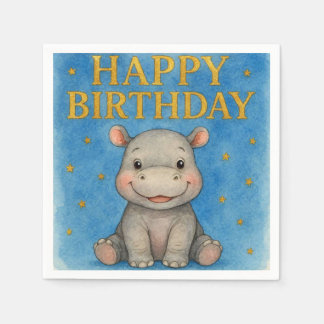 Blue Hippo Birthday Napkins. Napkin