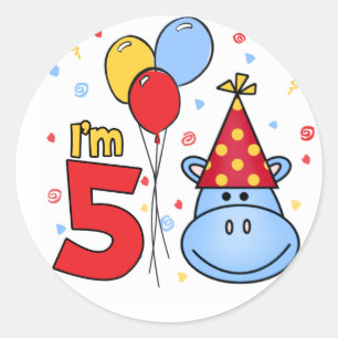 Blue Hippo Face 5th Birthday Classic Round Sticker