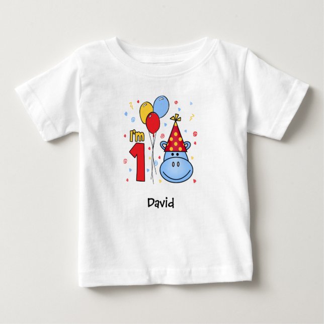 Blue Hippo Face First Birthday Baby T-Shirt (Front)