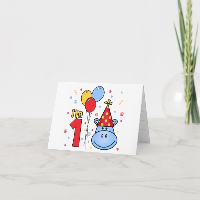 Blue Hippo Face First Birthday Fill-in Invitation (Front)