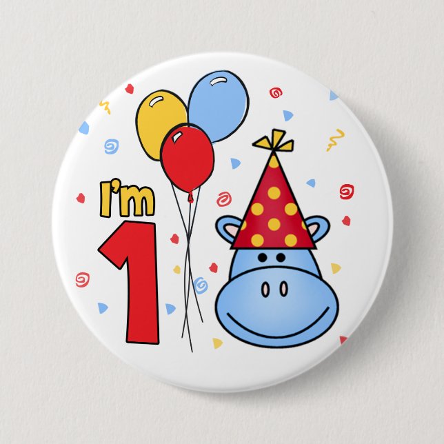 Blue Hippo Face First Birthday Pinback Button (Front)