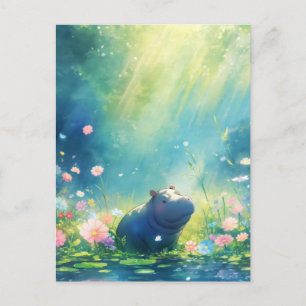 Blue Hippo in Sun Drenched Summer Flower Meadow Postcard