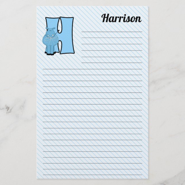 Blue Hippo Mongrammed Letter H Lined Stationery (Front)