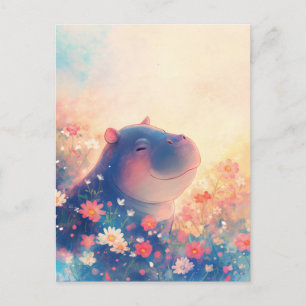 Blue Hippo Smiling in Pink Wildflower Meadow Postcard