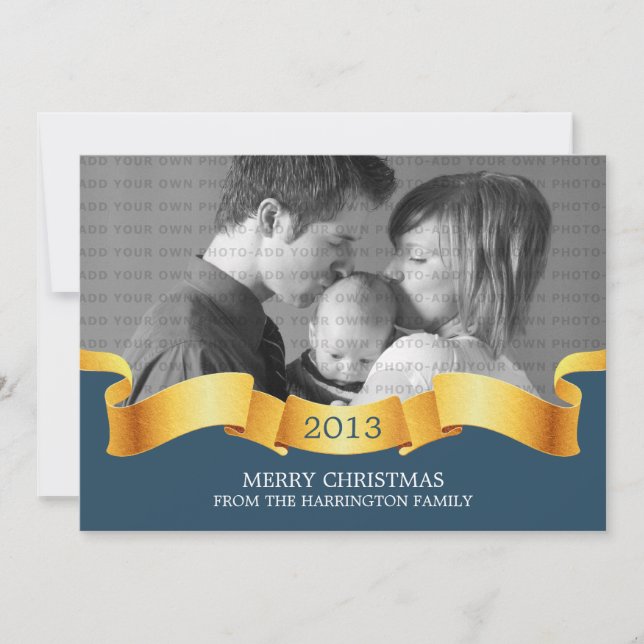 Blue Holiday Banner Photo Flat Card (Front)