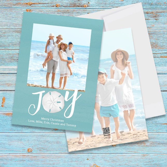 Blue Holiday Christmas Photo Watercolor Beach  Card (Christmas Holiday Joy Creative Typography Beach Photo Card with a two-photo template.)