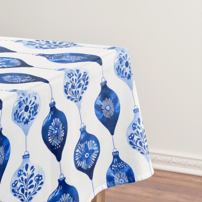 Blue Holiday Ornament Pattern Tablecloth (In Situ)