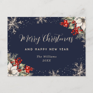 Blue Holly Berries Snowflakes Holiday Postcard