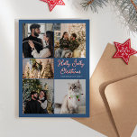 Blue Holly Jolly Christmas Five Photo Collage Holiday Card<br><div class="desc">This Blue Holly Jolly Christmas Five Photo Collage Holiday Card design features simple, bright, and cheerful backdrops of blue and red with clean white borders and classic typography, embellished with a whimsical candy cane-style script for titles and headers. Make it a holly jolly and merry christmas with this fun, festive...</div>