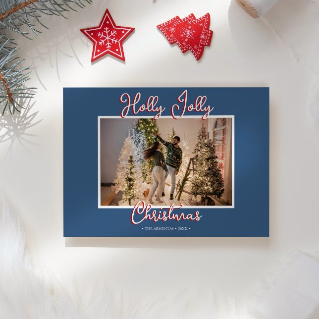Blue Holly Jolly Christmas Photo and Letter Holiday Card (Creator Uploaded)