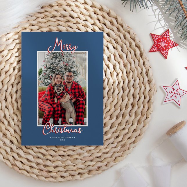 Blue Holly Jolly Merry Christmas Family Photo Holiday Card (Creator Uploaded)