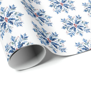 Blue Holly Snowflake Nordic Christmas Wrapping Paper