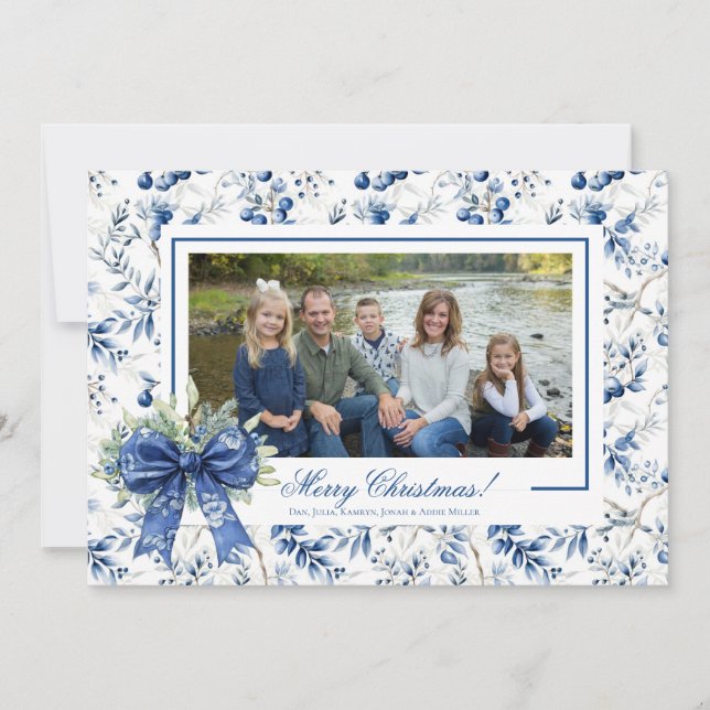 Blue Holly Toile Christmas Photo Card (Front)