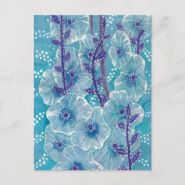 Blue Hollyhock Mallow Malva Flower Floral Painting Postcard (Front)