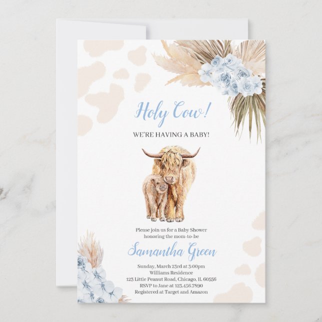 Blue Holy Cow Baby Shower Invitation (Front)