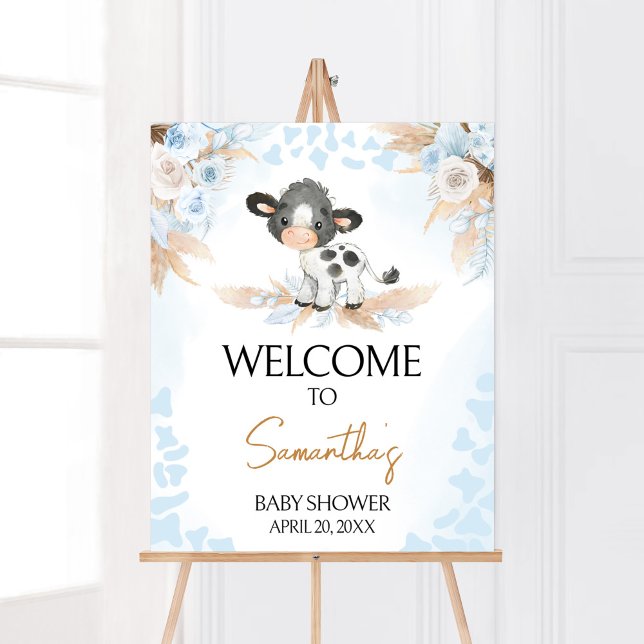 Blue Holy Cow Baby Shower Welcome Poster (Boy Highland Cow Baby Shower Welcome Sign)
