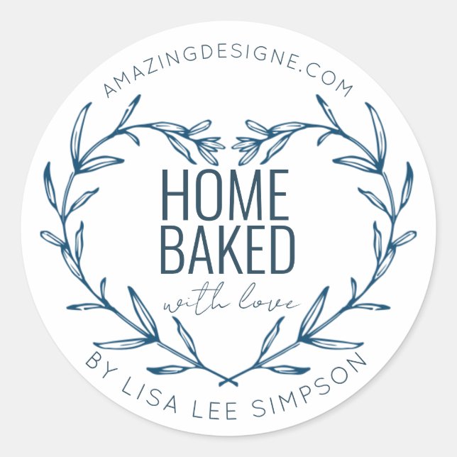 Blue Home baked With Love heart Classic Round Sticker (Front)