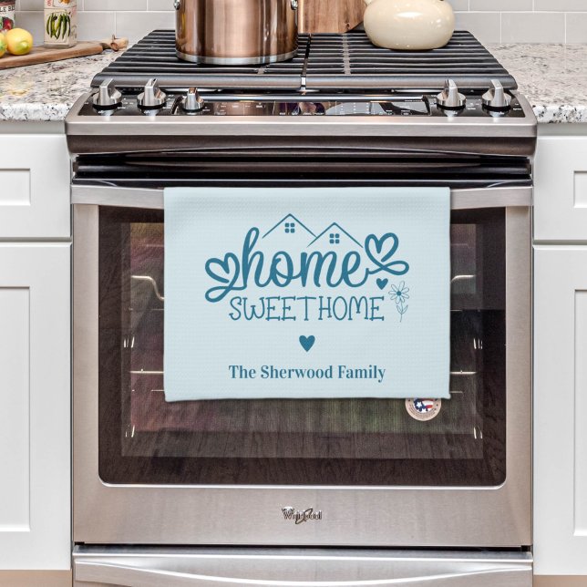 Blue Home Sweet Home Personalised Tea Towel (Blue Home Sweet Home Personalized Kitchen Towel)