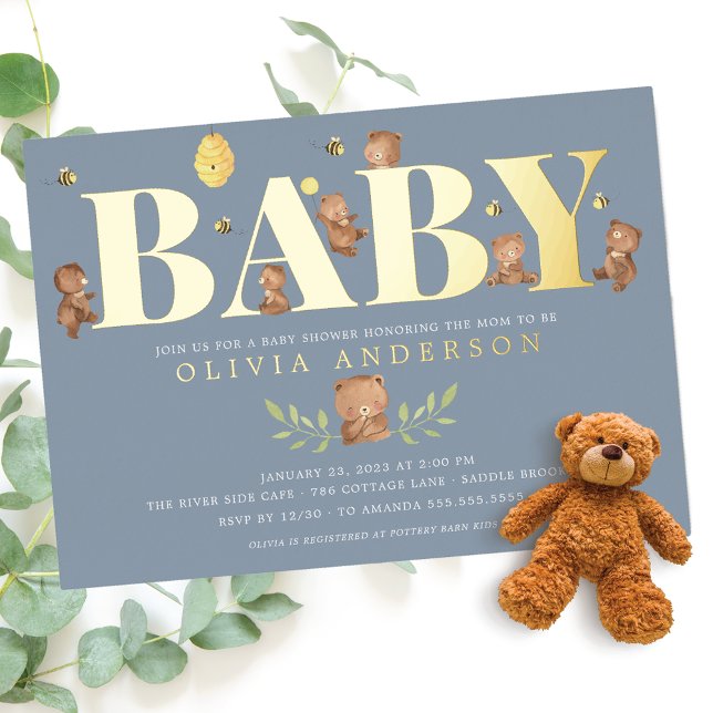 Blue Honey Bear Baby Shower Invitation (Creator Uploaded)