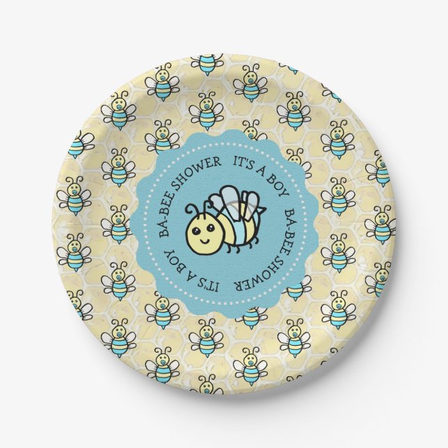 Blue Honey Bee Boy's Baby Shower Paper Plate (Front)