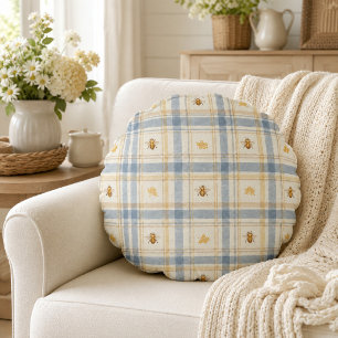 Blue Honey Meadow Cottage Plaid Bee Round Cushion