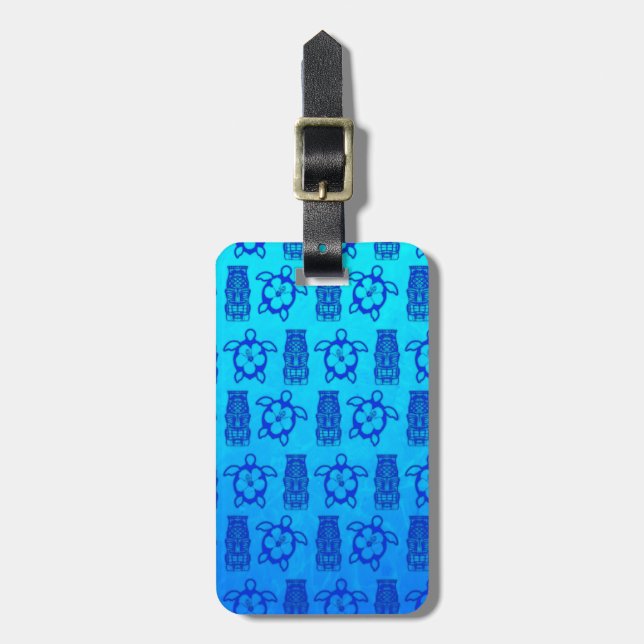 Blue Honu And Tiki Mask Luggage Tag (Front Vertical)