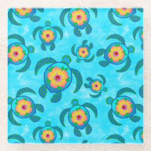 Blue Honu Sea Turtles Hibiscus Flowers Glass Coaster
