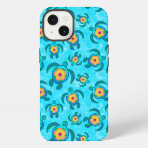 Blue Honu Sea Turtles Hibiscus Flowers iPhone 13 Case