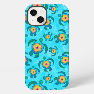 Blue Honu Sea Turtles Hibiscus Flowers iPhone 13 Case