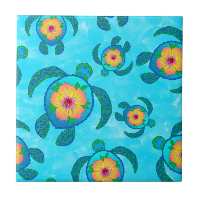 Blue Honu Sea Turtles Hibiscus Flowers Tile (Front)
