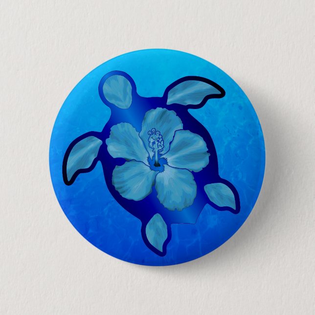 Blue Honu Turtle and Hibiscus 6 Cm Round Badge (Front)