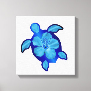Blue Honu Turtle and Hibiscus Canvas Print