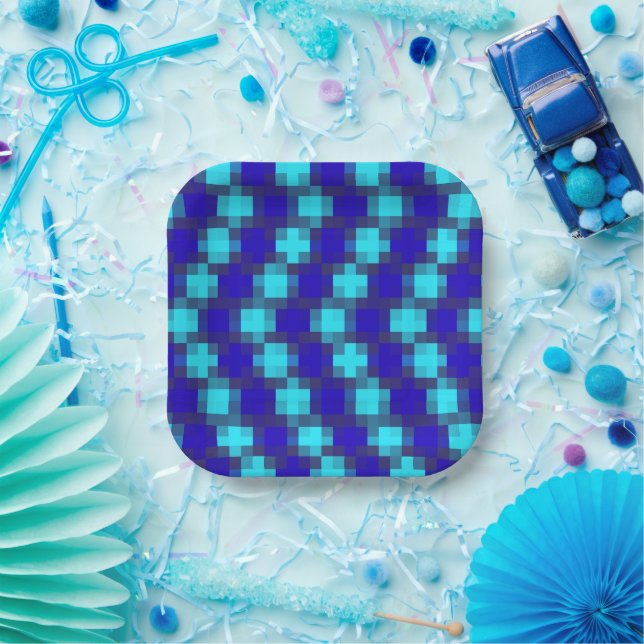 Blue Horizon: Checkered Pattern In Four Blues, Paper Plate (Party)