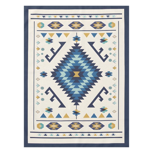 Blue Horizon Nomad – Minimalist Tribal Diamond Tablecloth (Front)