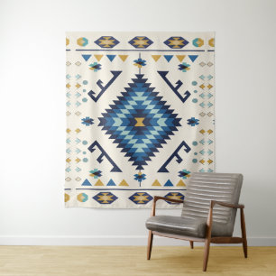 Blue Horizon Nomad – Minimalist Tribal Diamond Tapestry