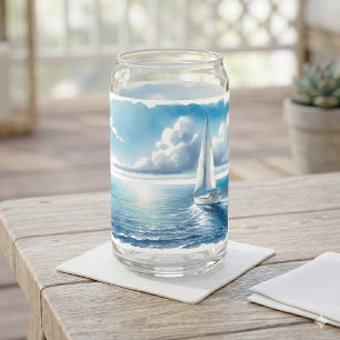 Blue Horizon Solitary Sailboat Can Glass