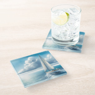 Blue Horizon Solitary Sailboat Glass Coaster