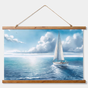 Blue Horizon Solitary Sailboat Hanging Tapestry
