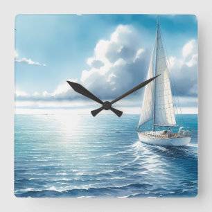 Blue Horizon Solitary Sailboat Square Wall Clock