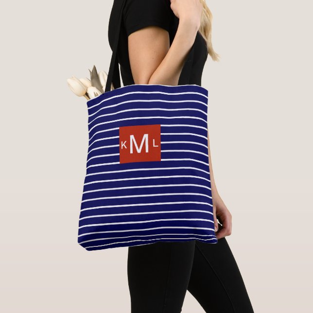 Blue Horizontal Stripes Red Monogram Template Tote Bag (Close Up)
