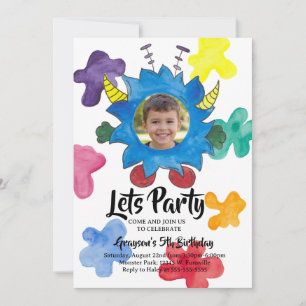 Blue Horned Monster Birthday Party Invitation