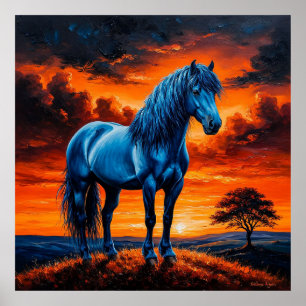 Blue Horse in a Vibrant Sunset Landscape Painting Poster