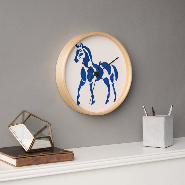 Blue Horse Painting Modern Equestrian Home Decor Clock (Office)