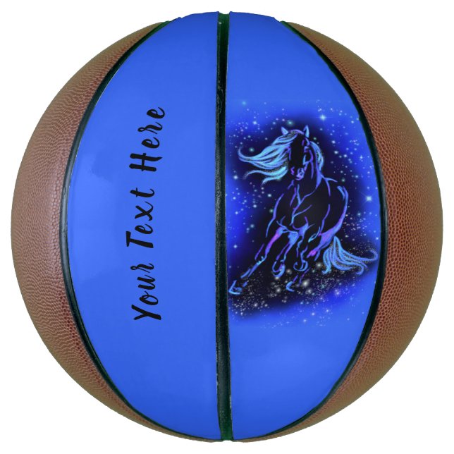 Blue Horse Running At Starry Night - Custom Text Basketball (Vertical)