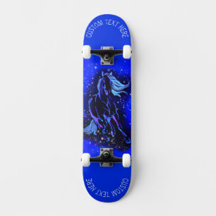 Blue Horse Running In Starry Night Text Skateboard