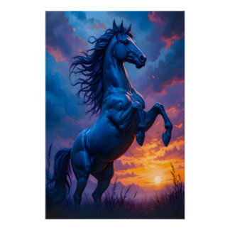 Blue Horse Sunset Fantasy Art Gift Glossy Poster 