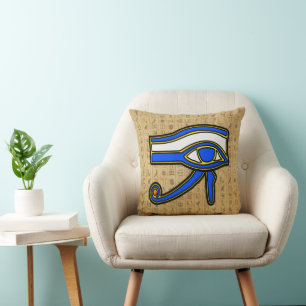 Blue Horus Eye On Hieroglyphs Cushion